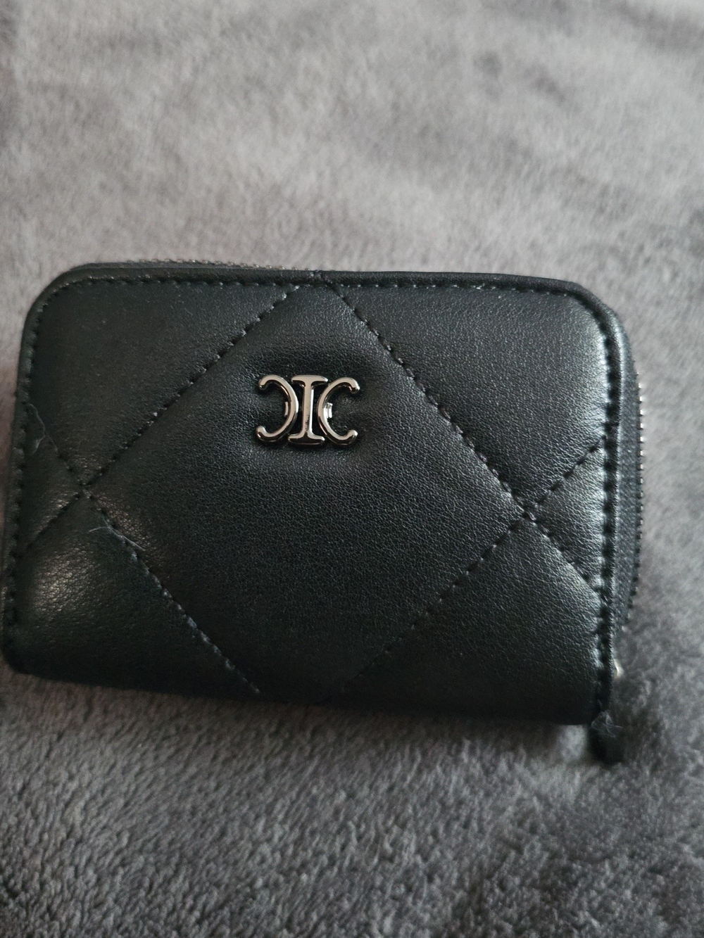 Black Quilted Zip Card Wallet with Silver Logo Accent